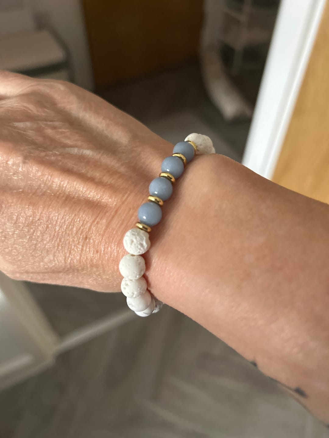 Customer photo review of Blue Angelite + Howlite Lava Stone Aromatherapy Set