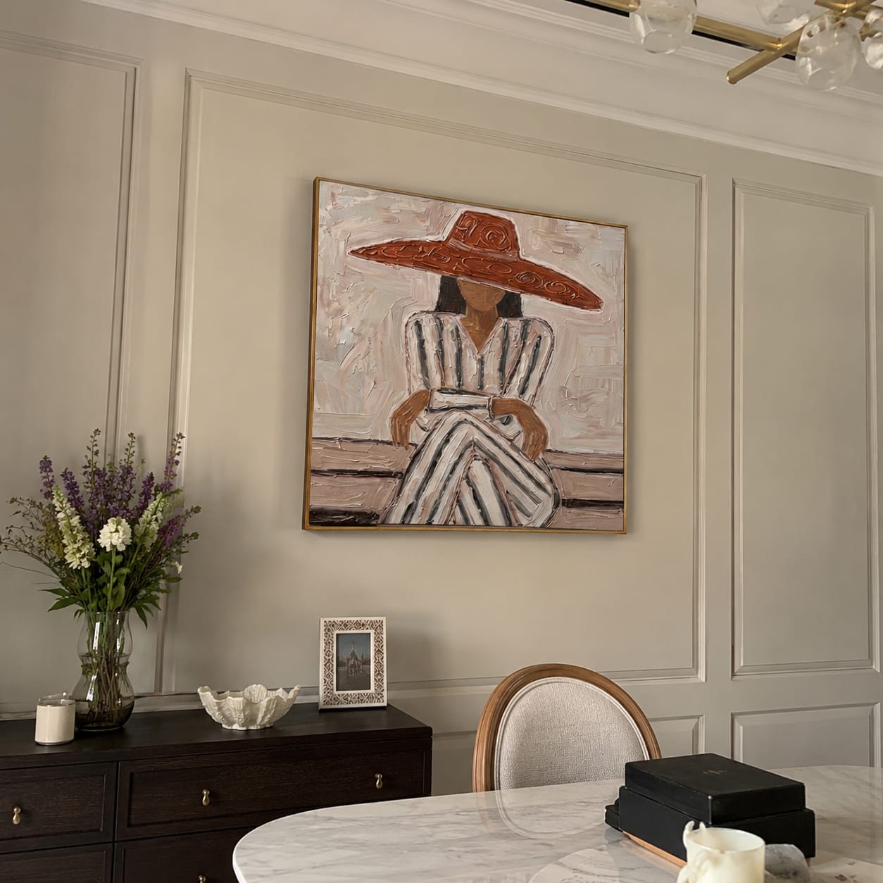 Customer photo review of The Red Brim – Vintage Americana Woman in Striped Dress Painting | Colorful Modern Living Room Art