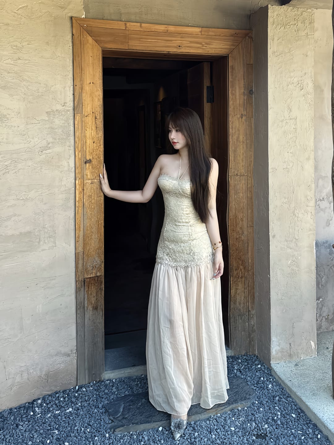 Customer photo review of Hydrae Lace Halter Mermaid Maxi Dress