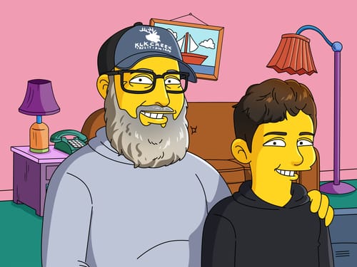 Customer's Hand Drawn Digital Portrait showing a man and a younger person illustrated in a colorful, cartoon style.