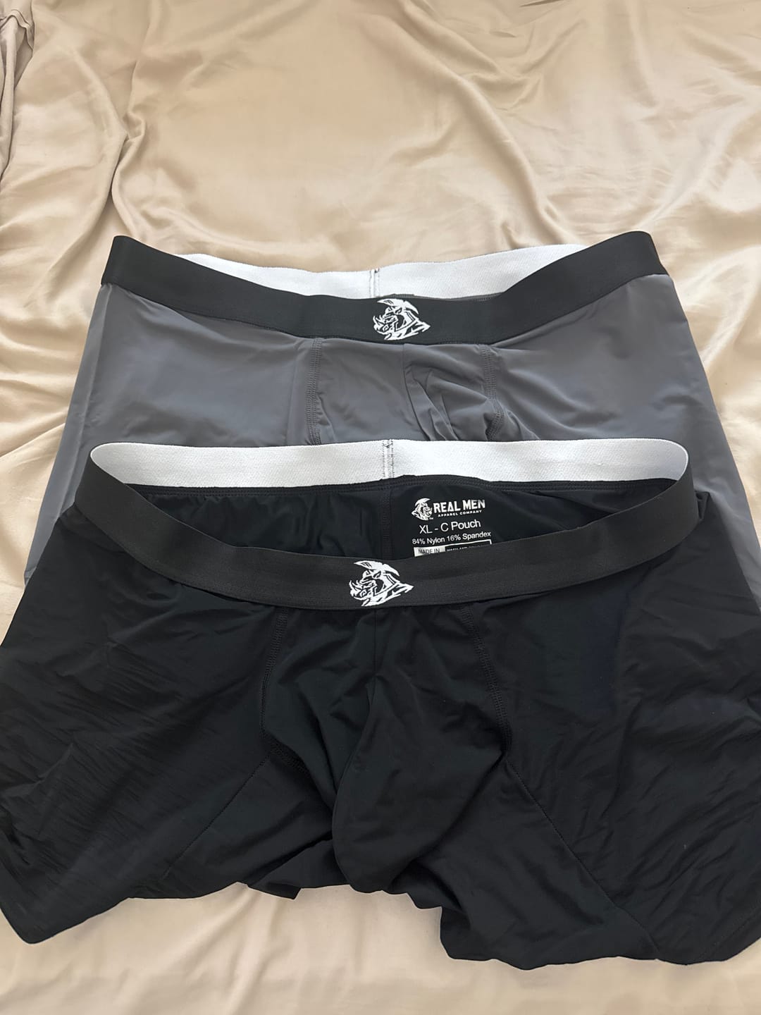 Customer photo review of Nylon 7in Boxer Briefs No Fly 2pk Black/Gray