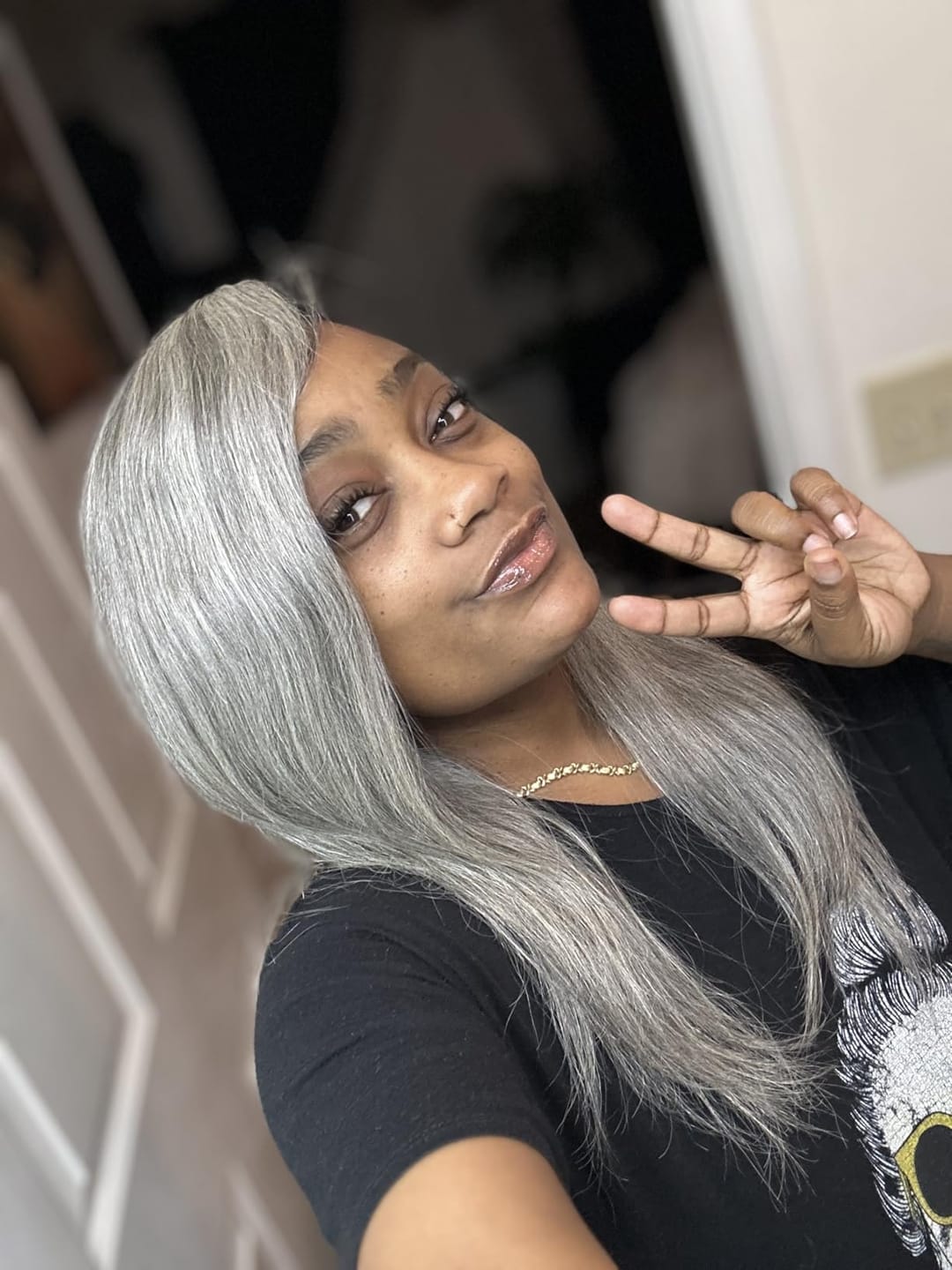 Customer photo review of Luvwin Salt & Pepper Gray Beginner Friendly Glueless Straight Wig 100% Human Hair