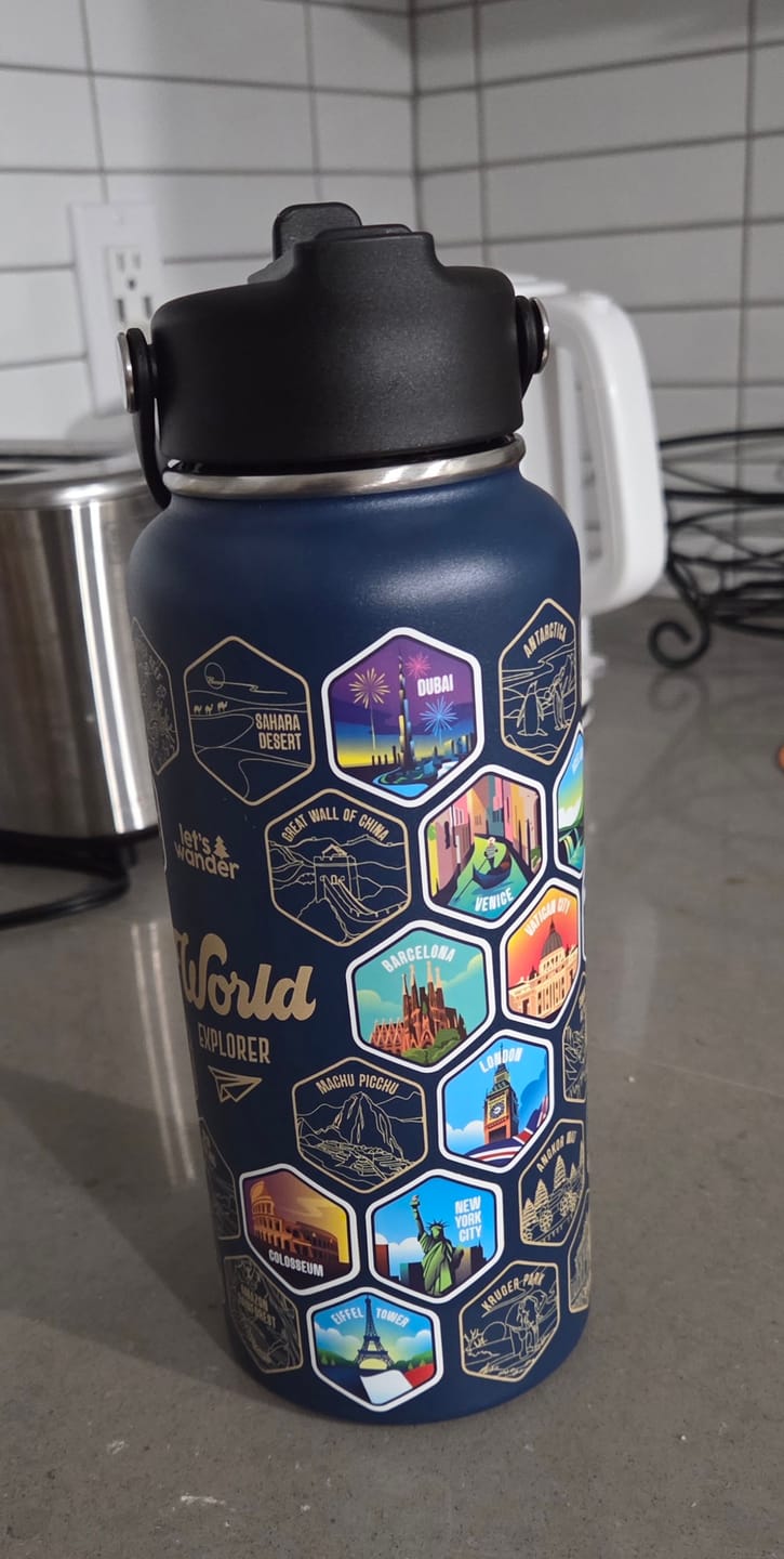 Customer photo review of Lets Wander™ World Explorer Water Bottle + Sticker Set