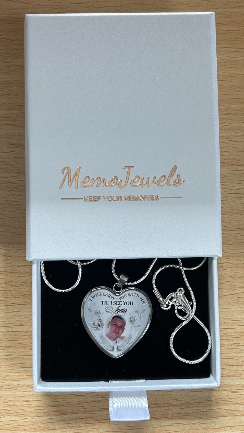 Customer photo review of Custom Photo Memorial Necklace/Keychain "I Will Carry You With Me” - N001