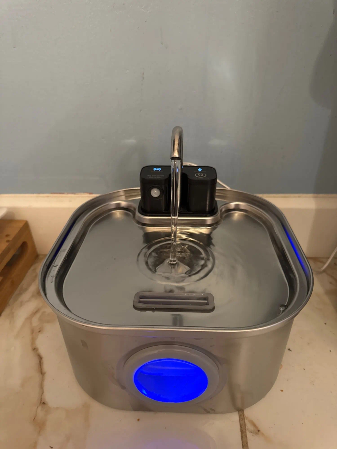 PureFlow fontaine inox en marche avec fenêtre de niveau d'eau, avis vérifié