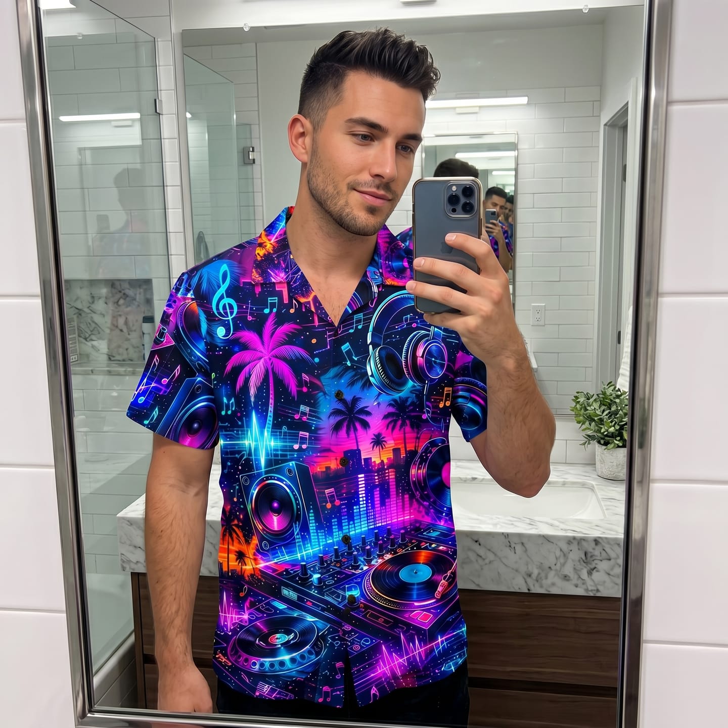 Customer photo review of DJ - Personalized Hawaiian Shirt, Gifts For Music Lovers
