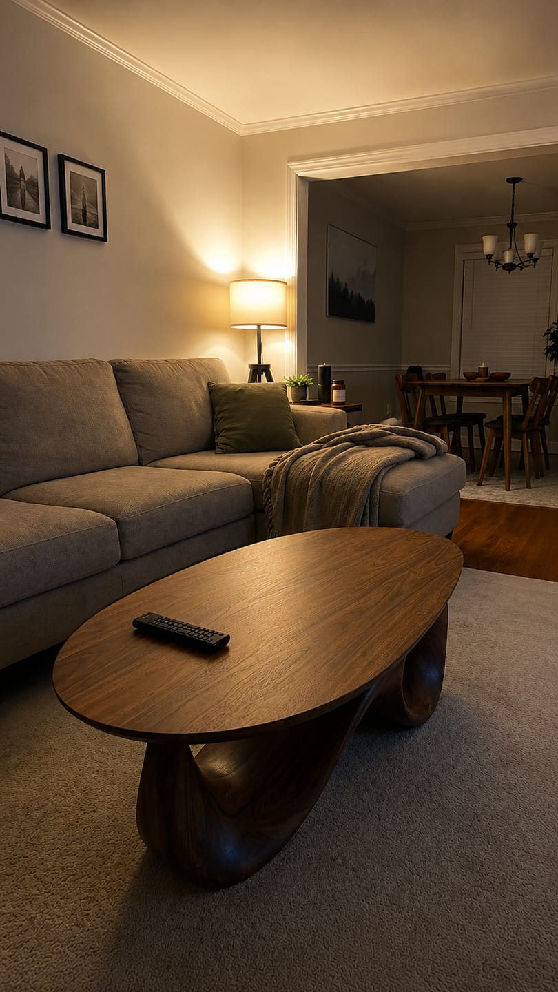 Customer photo review of Modern Wooden Coffee Table with Slatted Open Shelf for Home Decor