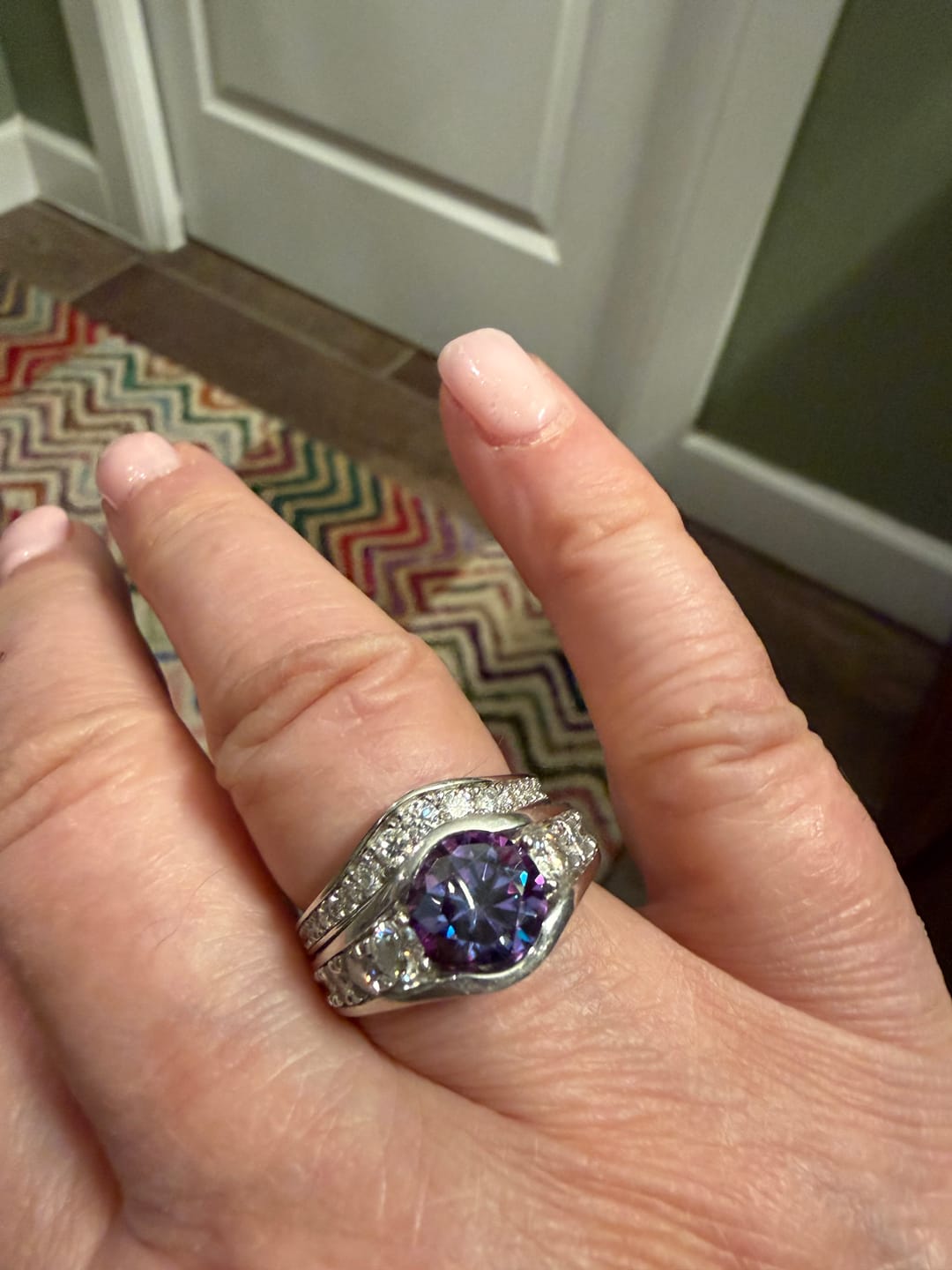 Customer photo review of Curved Pave Moissanite Euro Half Eternity Wedding Band Ring