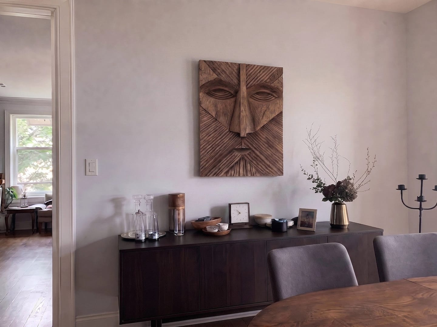 Customer photo review of Radiant Geometric Tribal Relief Mask  Wood Sculpture
