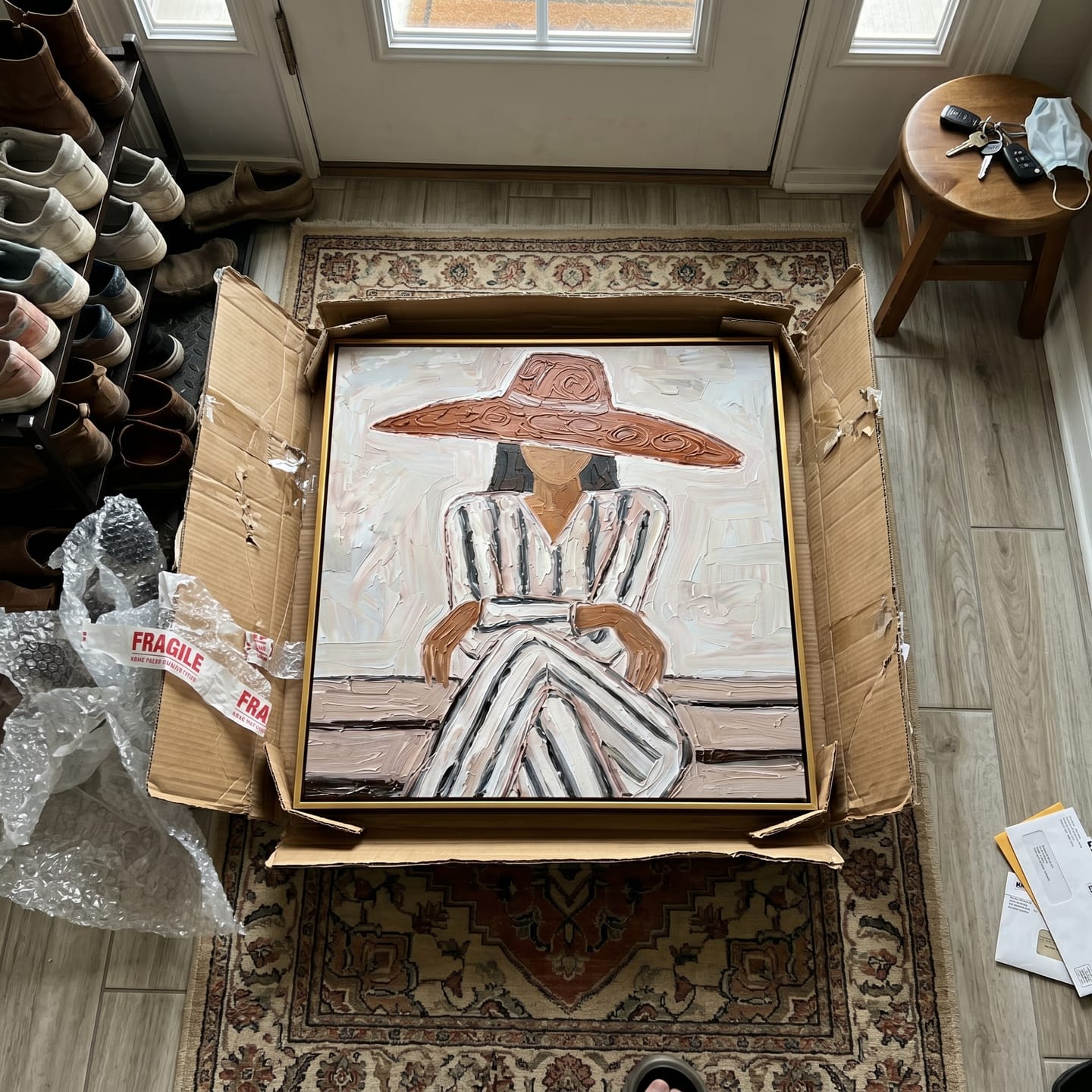 Customer photo review of The Red Brim – Vintage Americana Woman in Striped Dress Painting | Colorful Modern Living Room Art