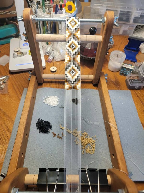 Customer photo review of Dark Upright Modern Loom for LONG seed beadwork weaving