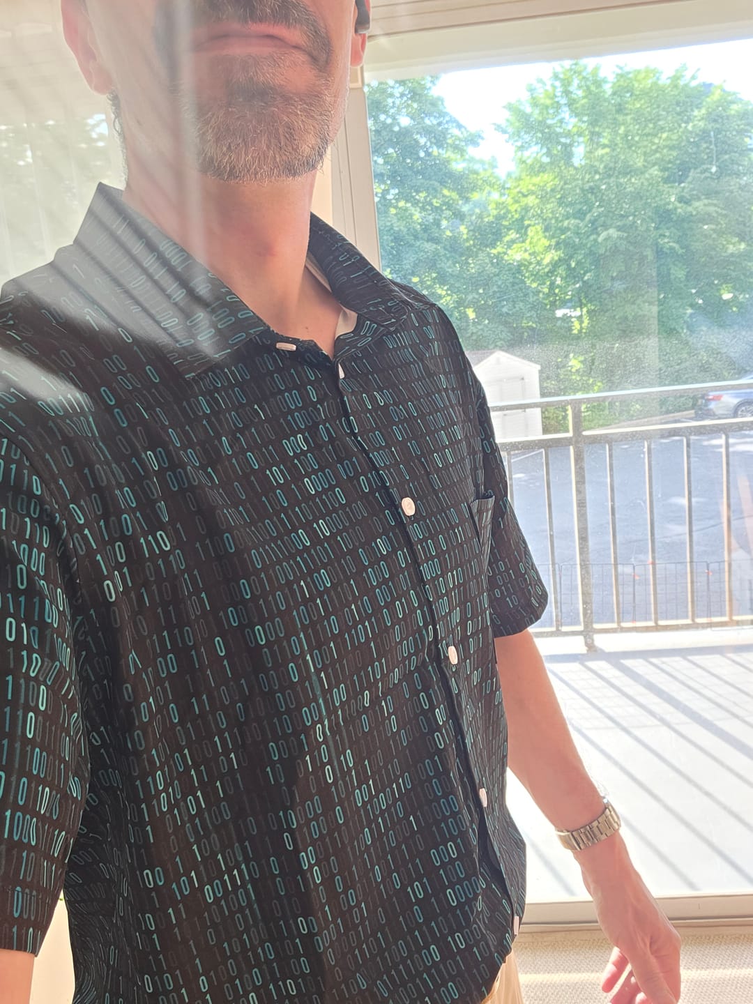 Customer photo review of Binary Computer 1s and 0s Teal Black Button Up Shirt