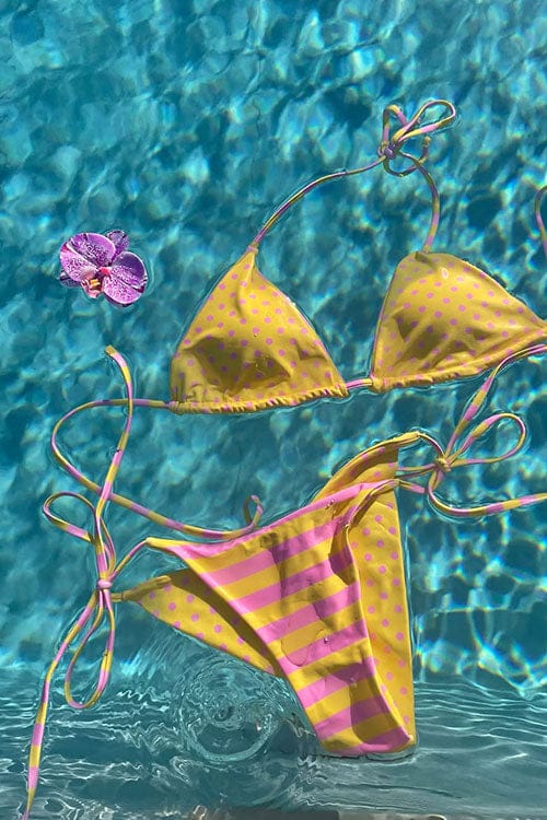 Customer photo review of Yellow Striped Polka Dot Triangle Top & Cheeky Brazilian Bottom Reversible Bikini Set