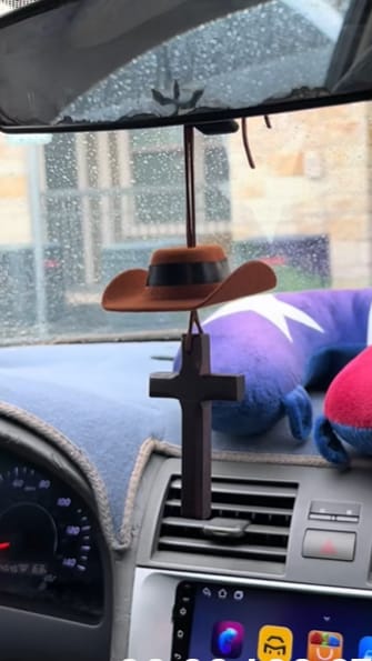 Customer photo review of Christianartworkshop Cowboy Hat & Cross Car Pendant: Steadfast Faith for the Open Road
