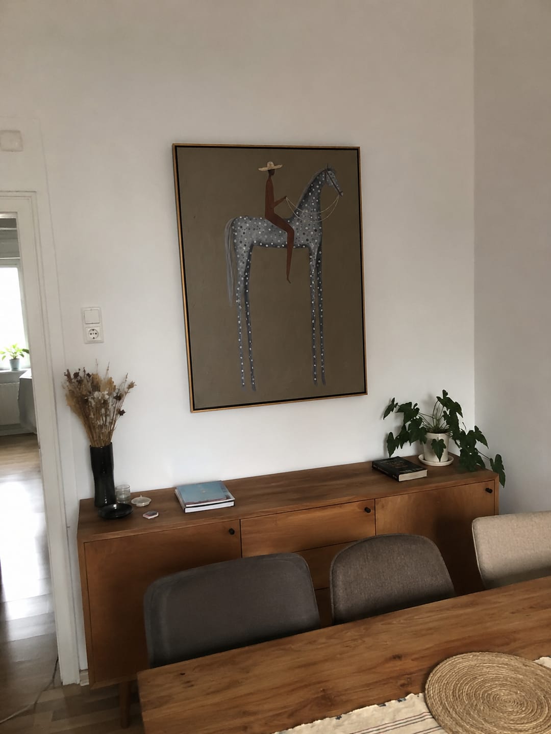 Customer photo review of The Grey Dapple – Vintage Americana Rider on Dappled Grey Horse Painting | Contemporary Wabi-Sabi Living Room Art