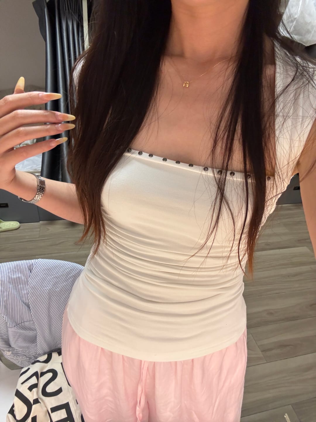 Customer photo review of IAMXIAA Studded Ruched Square Neck Tee