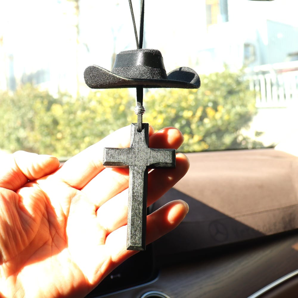 Customer photo review of Christianartworkshop Cowboy Hat & Cross Car Pendant: Steadfast Faith for the Open Road