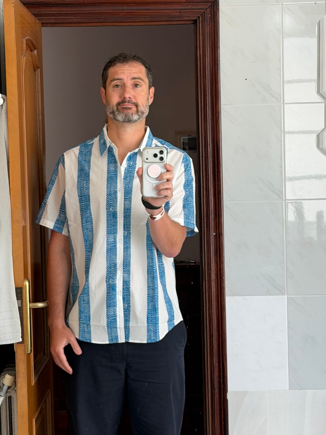 Customer photo review of Men's Vintage Blue Vertical Striped Casual Short Sleeve Shirt