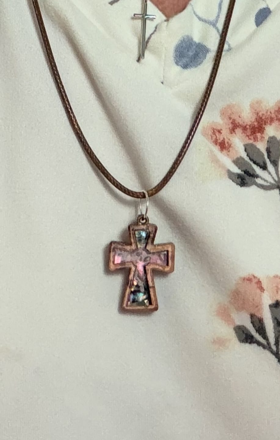 Customer photo review of Holy Land Olive Wood Mother of Pearl Cross Pendant