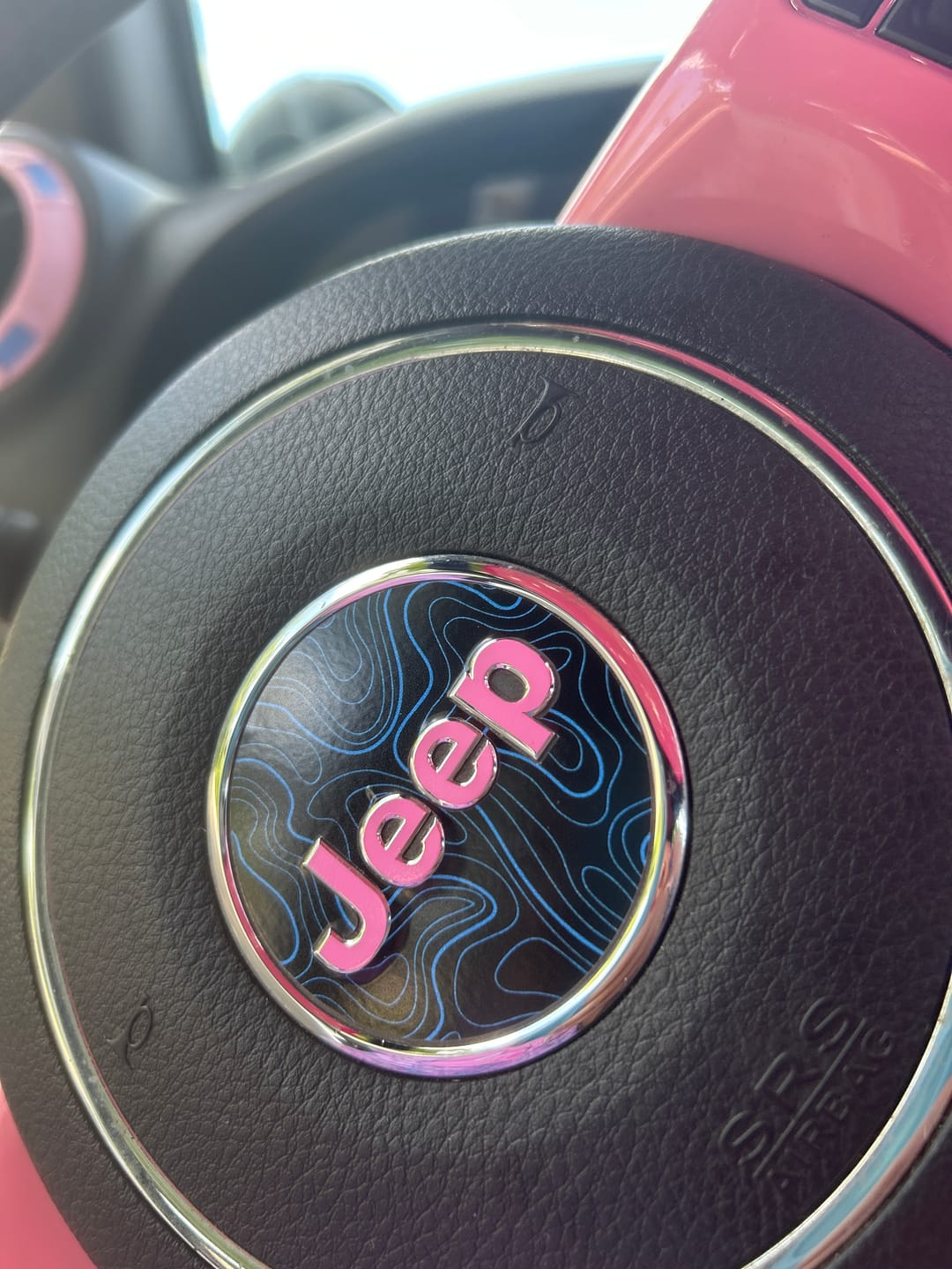 Customer photo review of JEEP Steering Wheel Emblem Overlay Decal — 30+ Colors & Designs (Flag, Topo, Animal, Solid)
