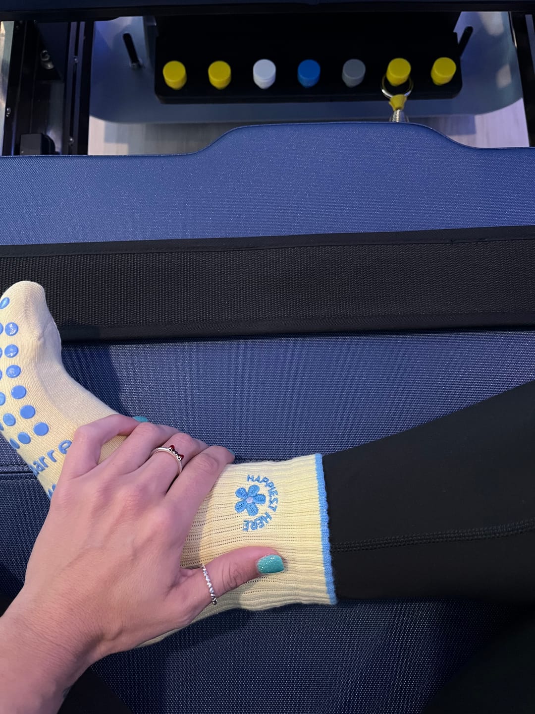 Customer photo review of Happiest Here Grip Socks -  Yellow/Blue