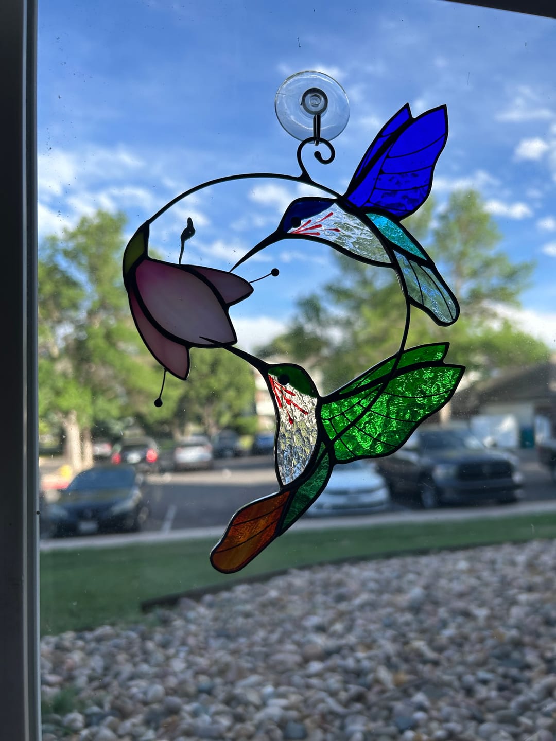 Customer photo review of Flying hummingbirds with flower - Stained glass suncatcher