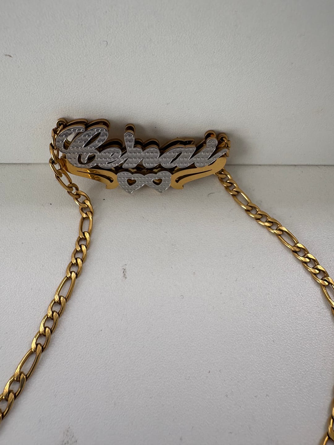 Customer photo review of Double Plated Hearts Name Necklace w/ Figaro Chain