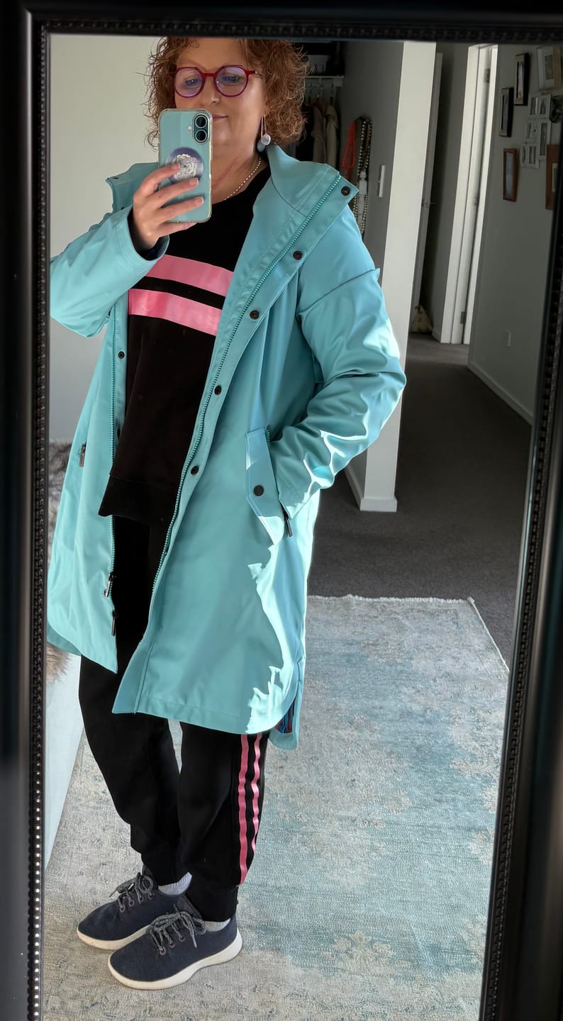 Customer photo review of Billie Raincoat - Aqua/Evie Aqua Trails