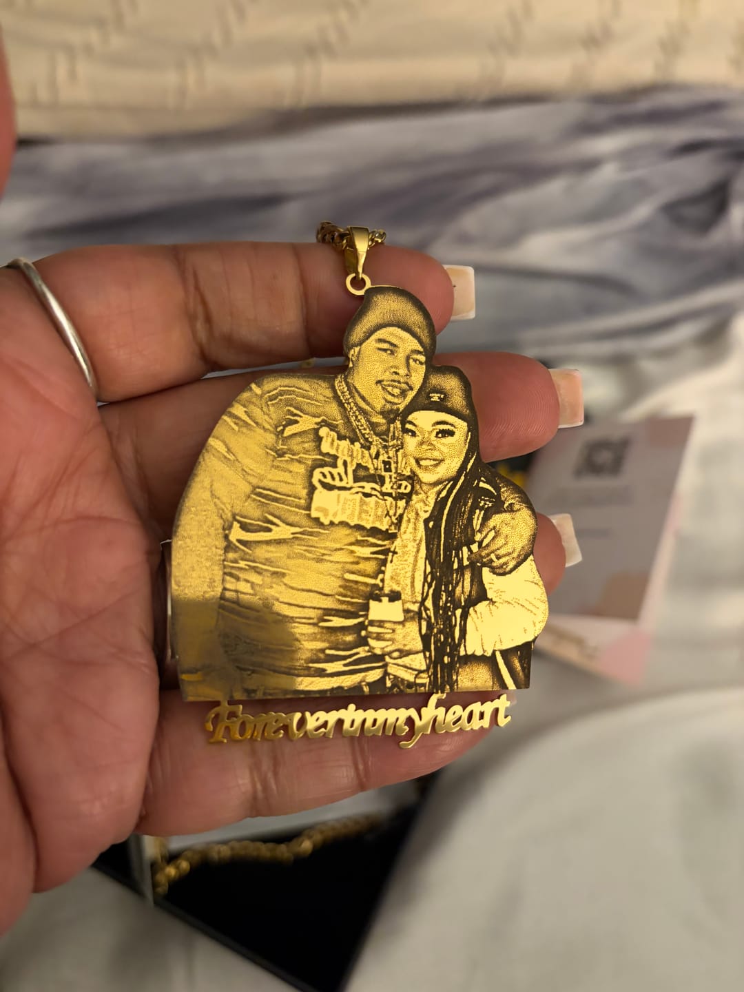 Customer photo review of Custom Photo Engraved Pendant Necklace