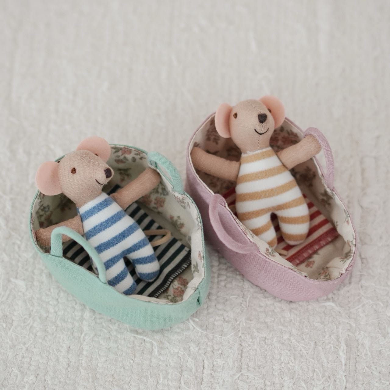 Customer photo review of Handmade Mouse Baby (3.5") in Striped Romper - 1:12 Scale Dollhouse Figure (2 Colors)