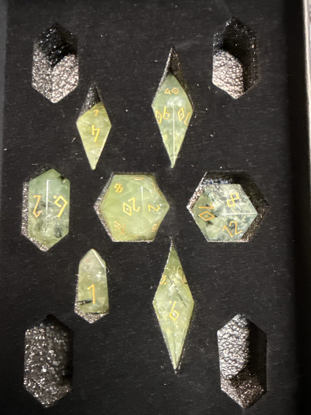 Customer photo review of URWizards D&D Prehnite Gemstone Dice Set Crystal Shape