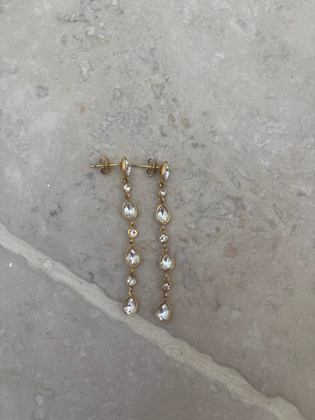 Customer photo review of Freya Crystal Gold Droplet Statement Studs