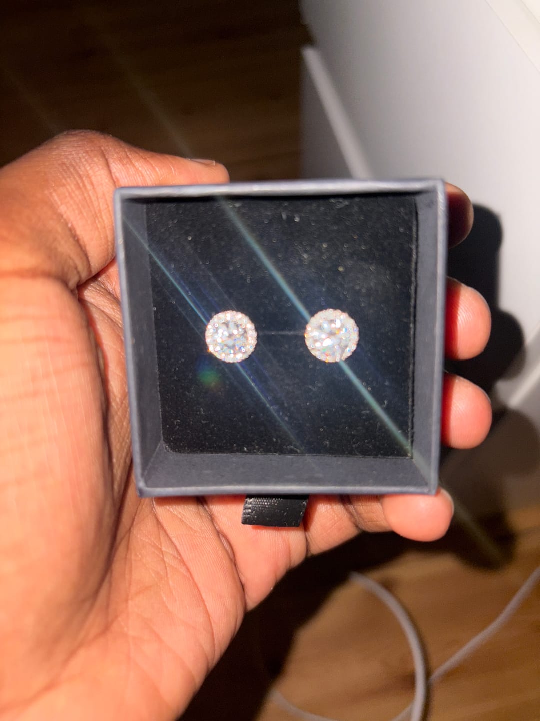 Customer photo review of 2.00 Carat Certified VVS1 Moissanite Halo Earrings