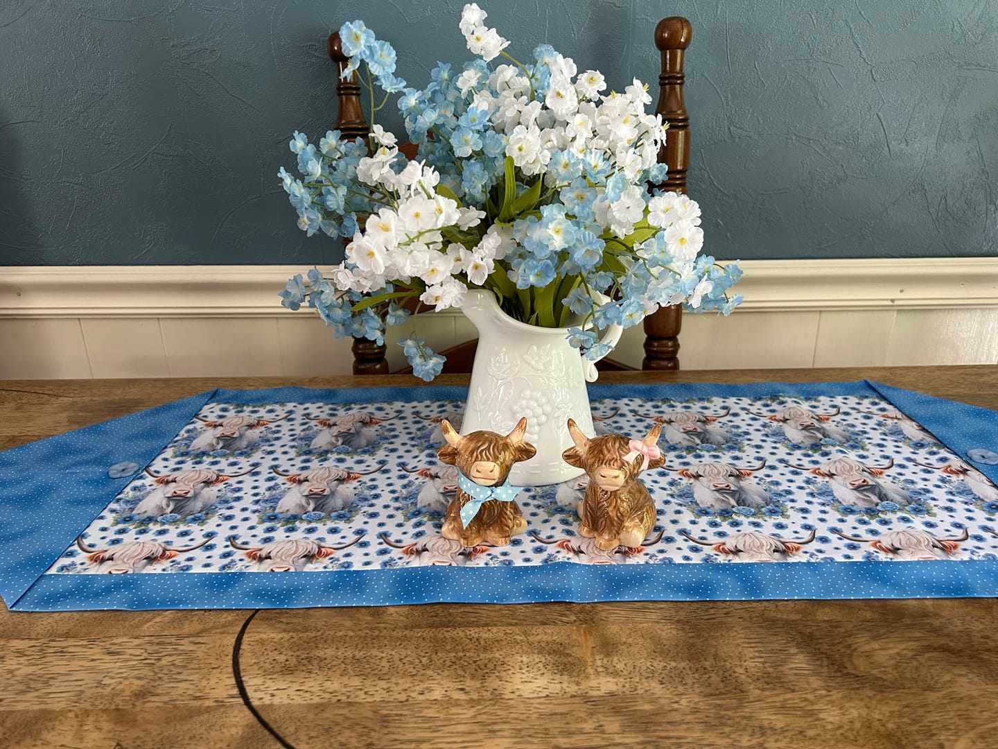Customer photo review of White Highland Cows & Flowers Fabric - Blue