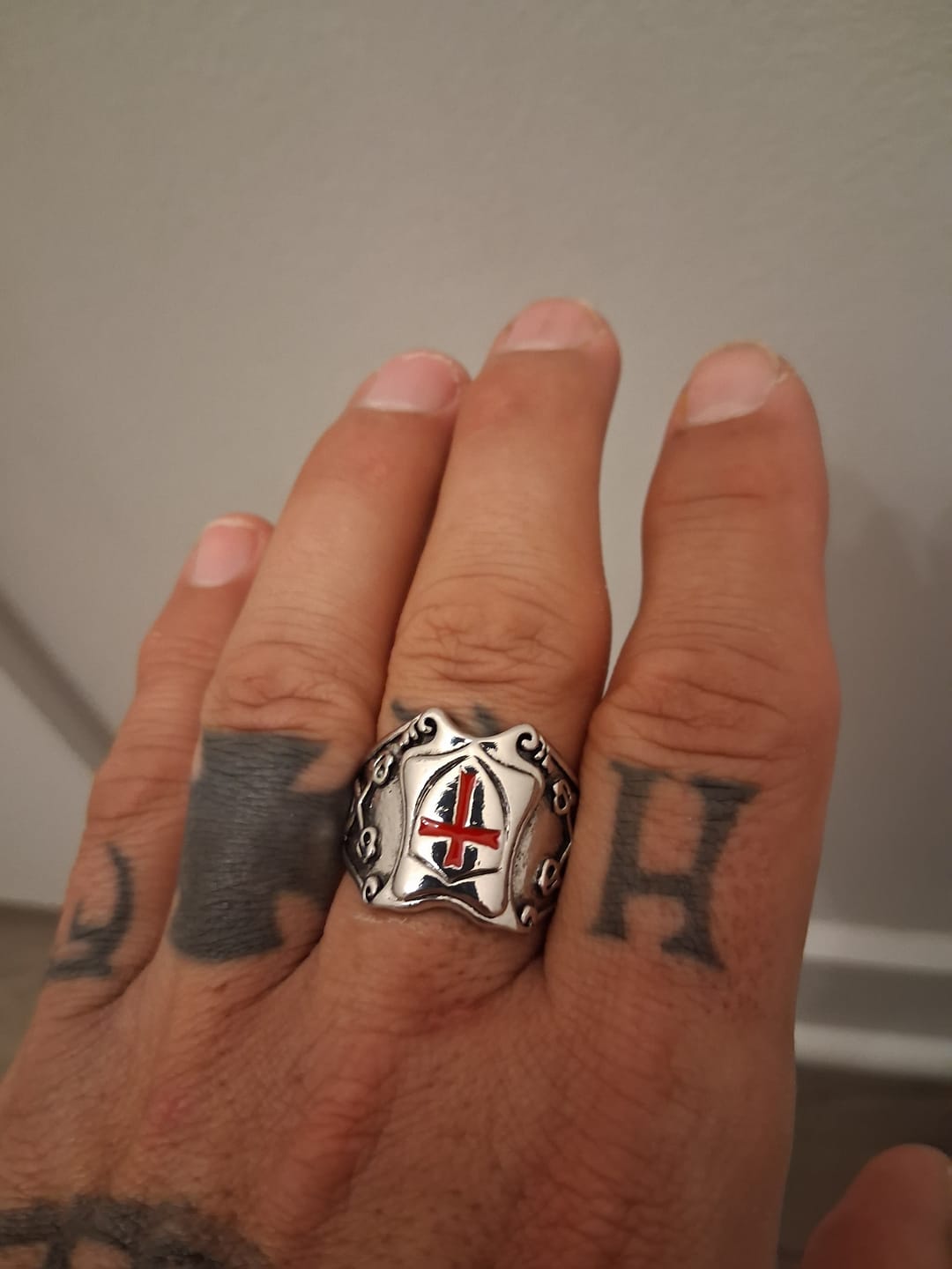 Customer photo review of Christianartworkshop Medieval Style Red Cross Shield Ring with Knightly Design and Engraved Details
