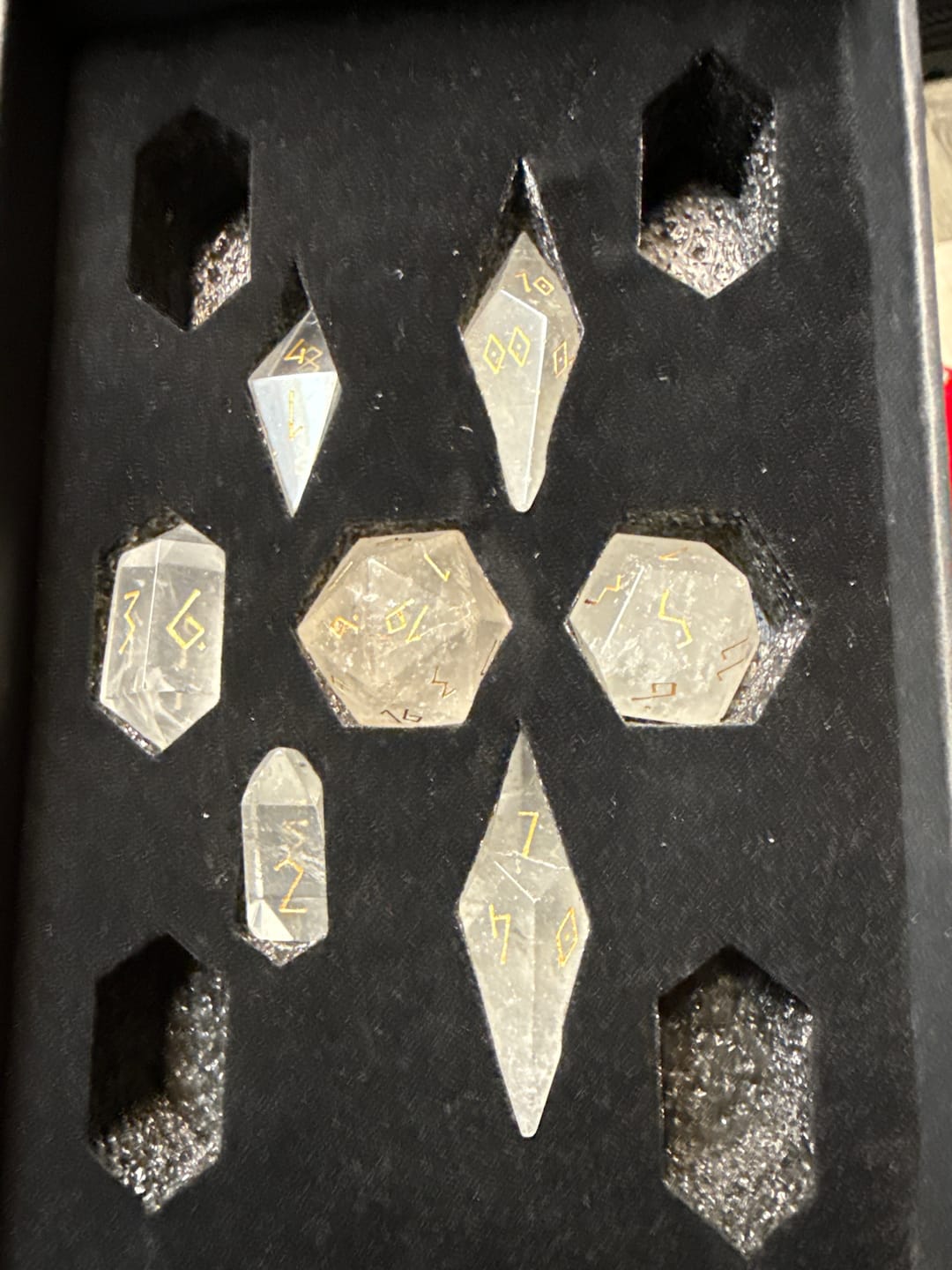 Customer photo review of URWizards D&D Clear Quartz Gemstone Dice Set Crystal Shape