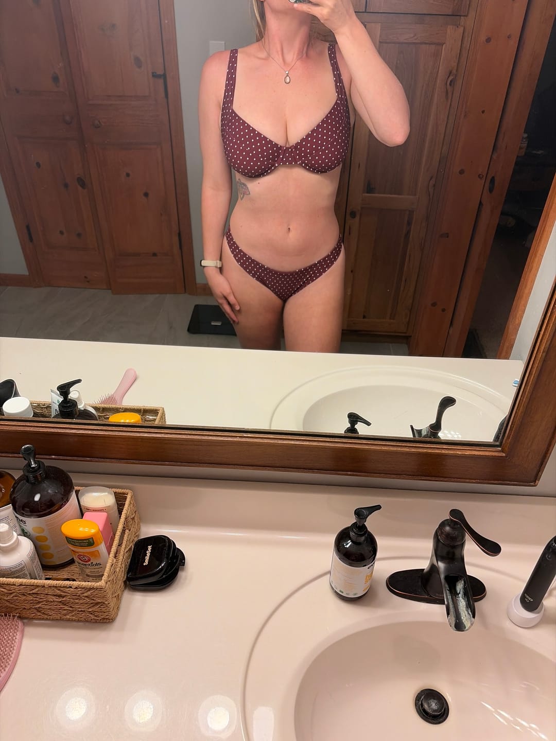 Customer photo review of The Jonah Bottoms | Merlot Polka Dot
