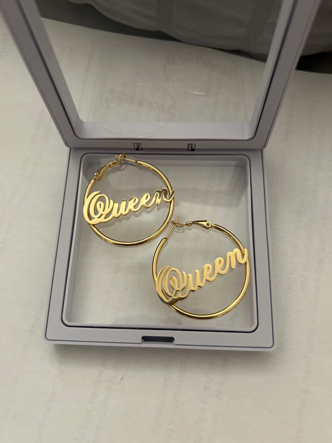 Customer photo review of Script Name Hoop Earrings