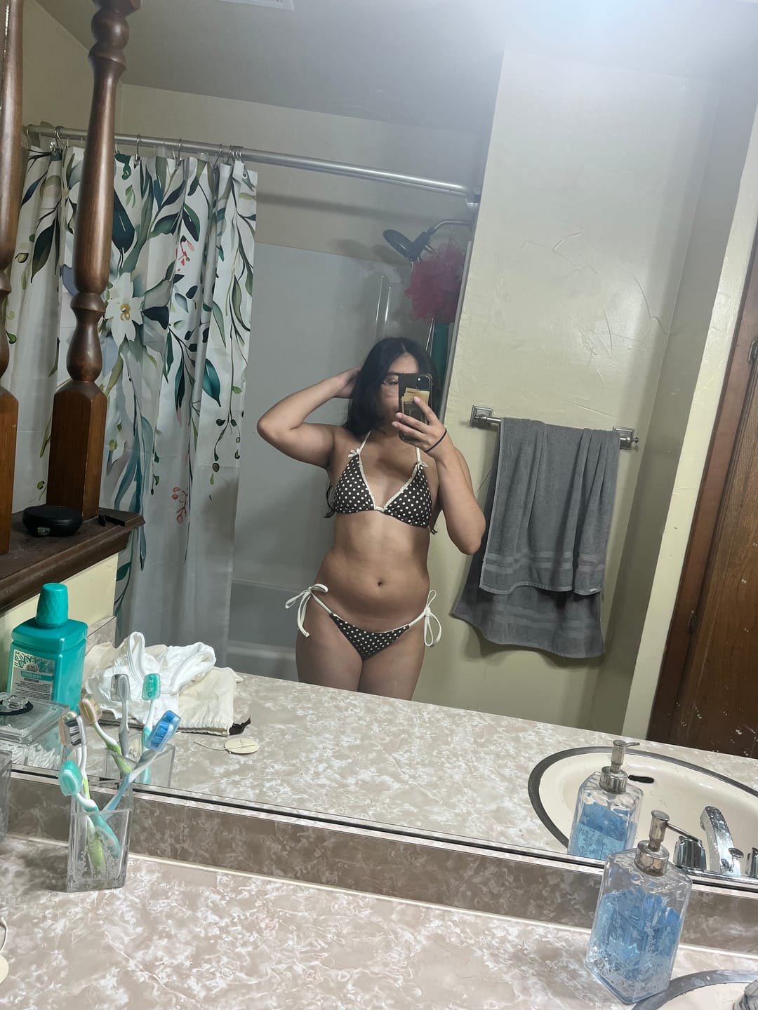Customer photo review of Deep Coffee Polka Dot Lace Bowknot Triangle Top & Cheeky Brazilian Bottom Bikini Set