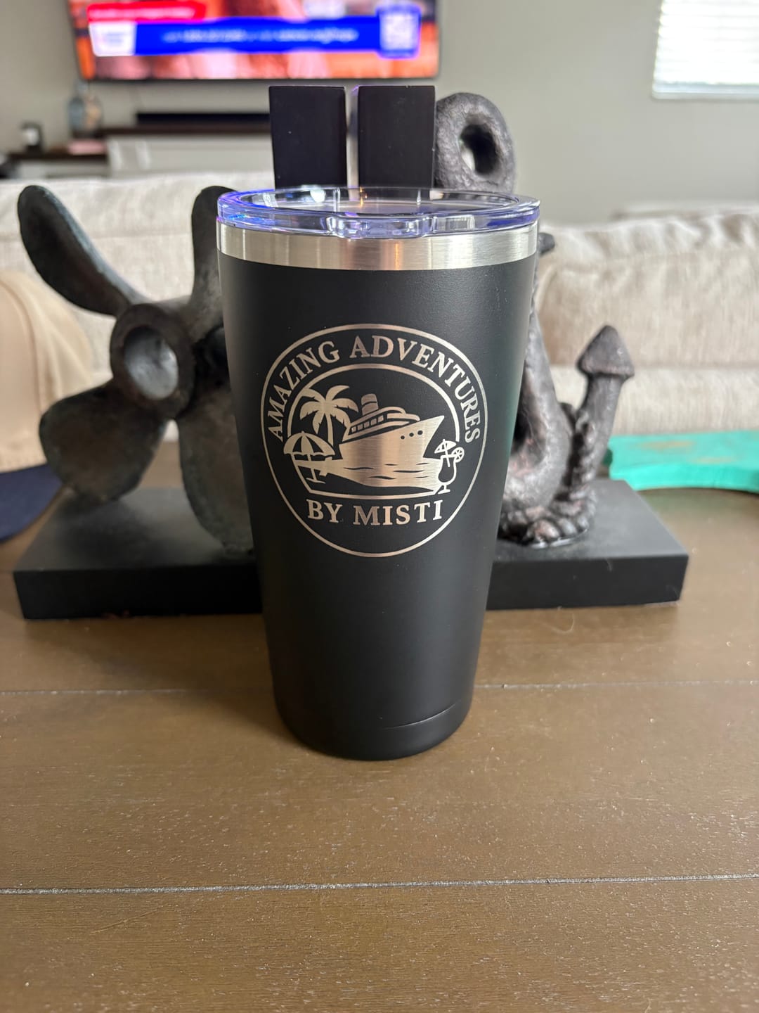 Customer photo review of $5 Sample - Custom 20 oz Tumbler with your Business Logo Engraved - Great Test Before Bulk Volume Order!
