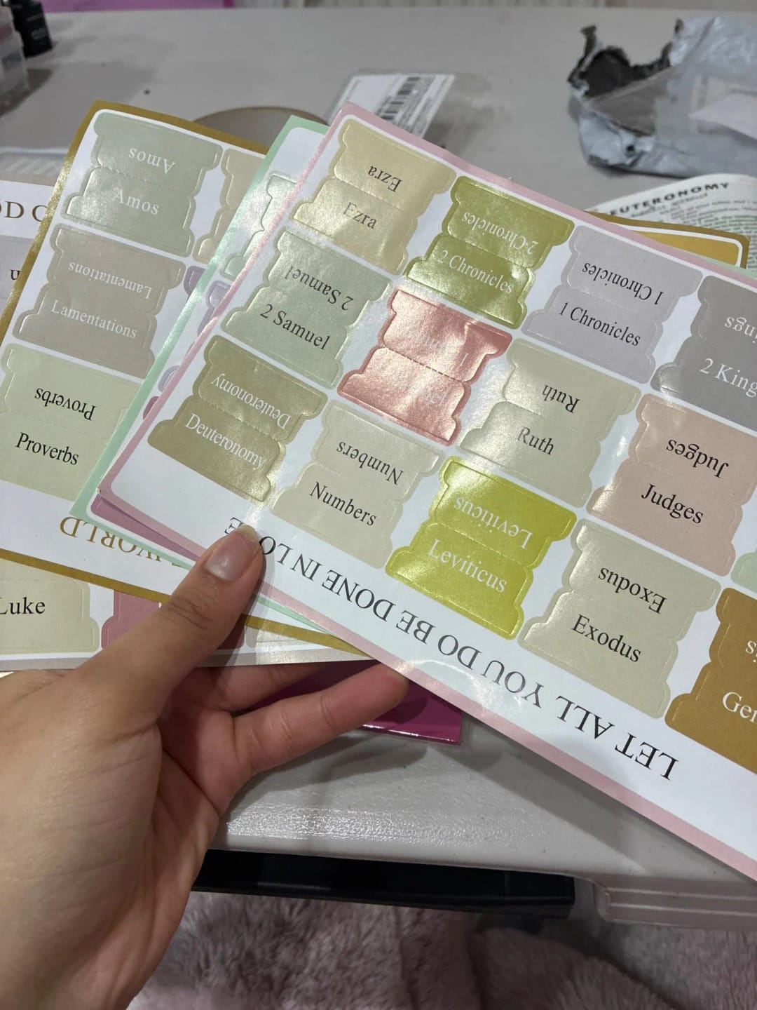 Customer photo review of 5pcs/75Tabs Boho Theme Laminated Bible Tabs – Colorful Index Tabs for Bible Study, Scripture Organization, and Easy Navigation