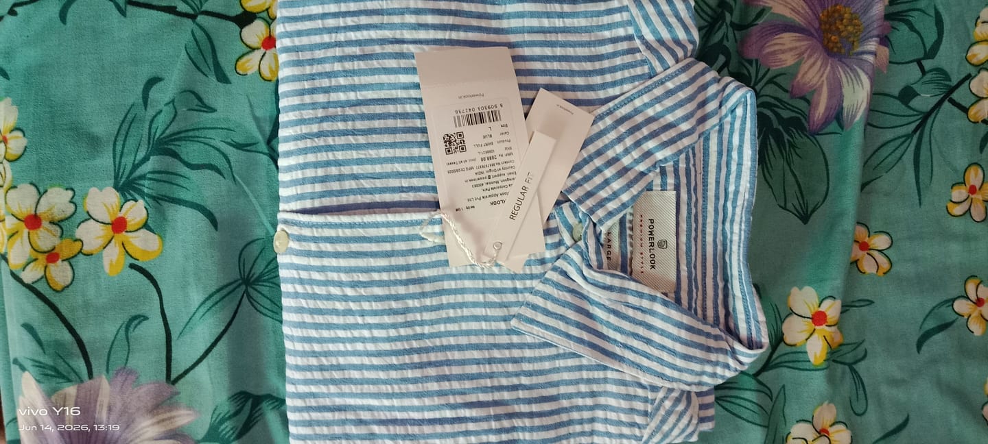 Customer photo review of Blue and White Regular fit Striped Full Sleeves Shirt