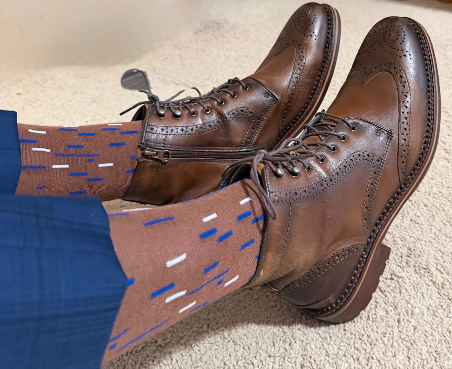Customer photo review of Mocha, White & Blue Dashed Lines - A Mocha Mousse Sock with a Blue and White Dashed Line Pattern