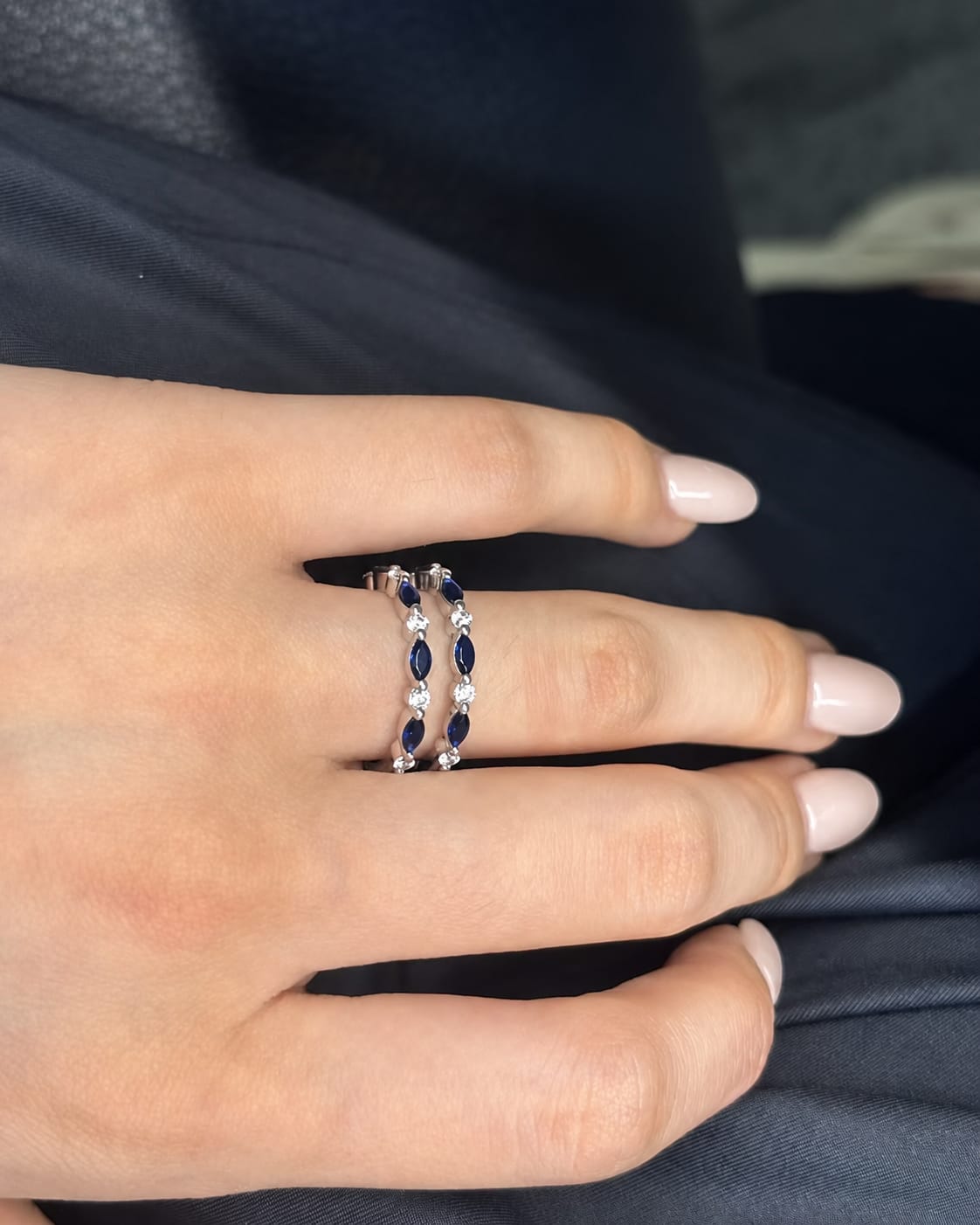 Customer photo review of S925 1.0Ct Blue & White Stone Unique Insert Wedding Band Engagement Ring Enhancer