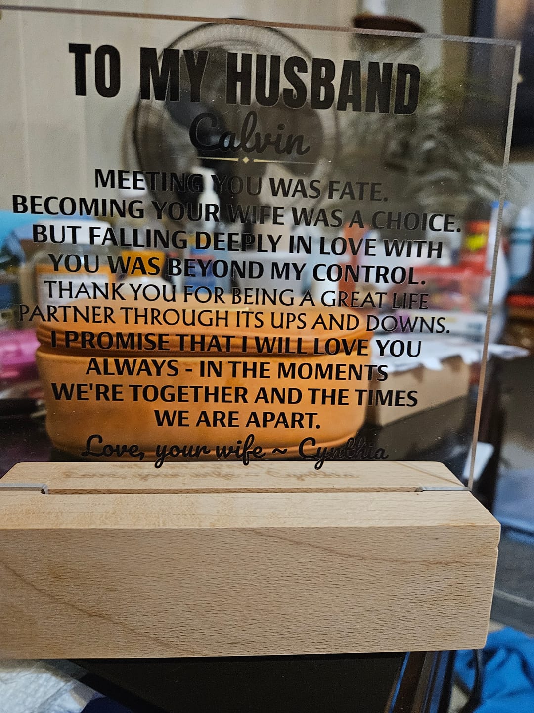 Customer photo review of To My Husband "I will love you always" | Acrylic Lamp ❤️ HA1