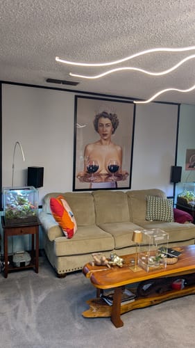 Customer's large, framed Majestic art print hung above a sofa in their living room.