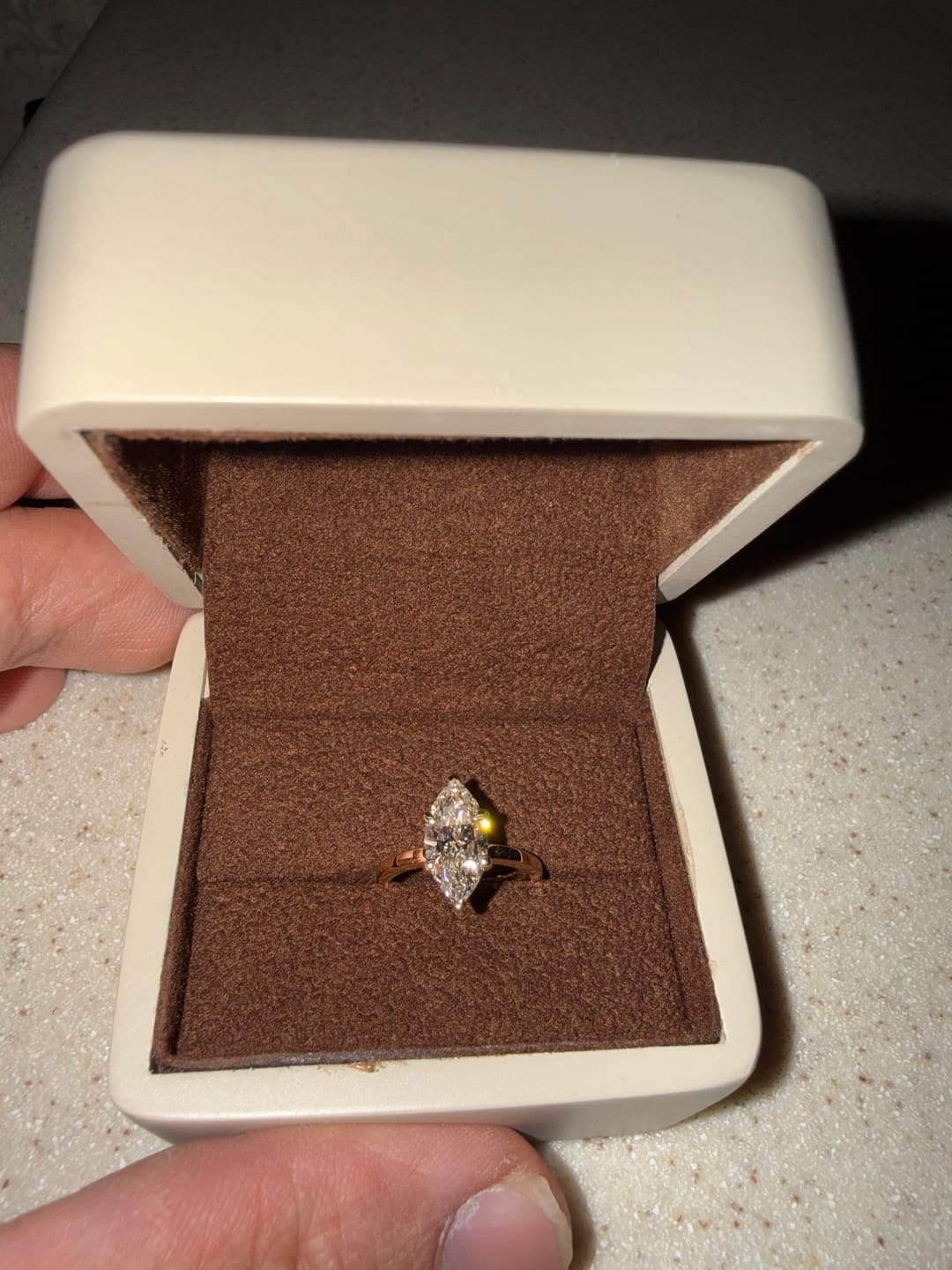 Customer photo review of Dora 1.5 Carat Marquise Cut Low Profile Solitaire Lab Grown Diamond Ring in 14k Yellow Gold
