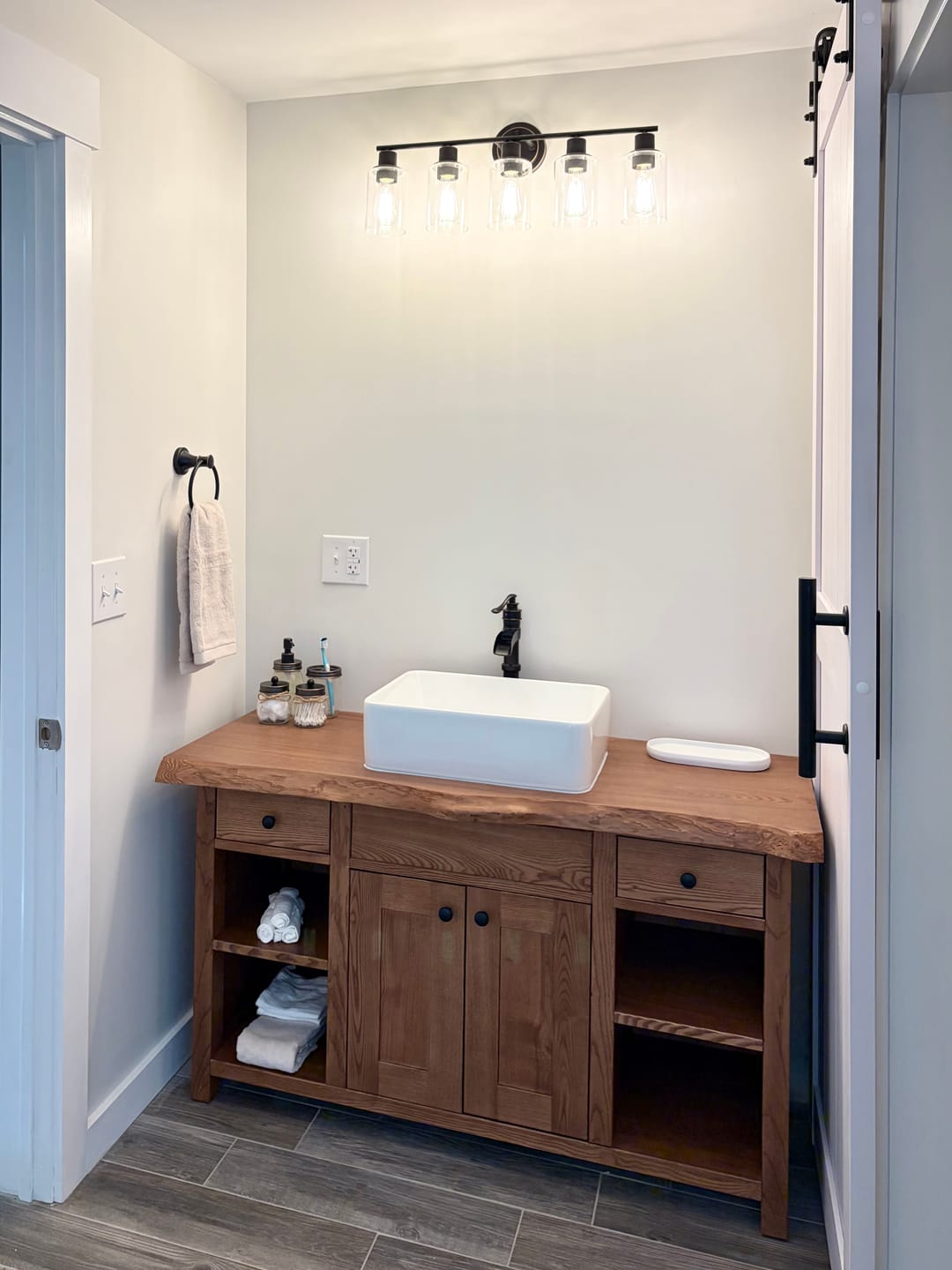 Customer photo review of Rustic Solid Wood Bathroom Vanity – Handcrafted Farmhouse Wabi-Sabi Cabinet