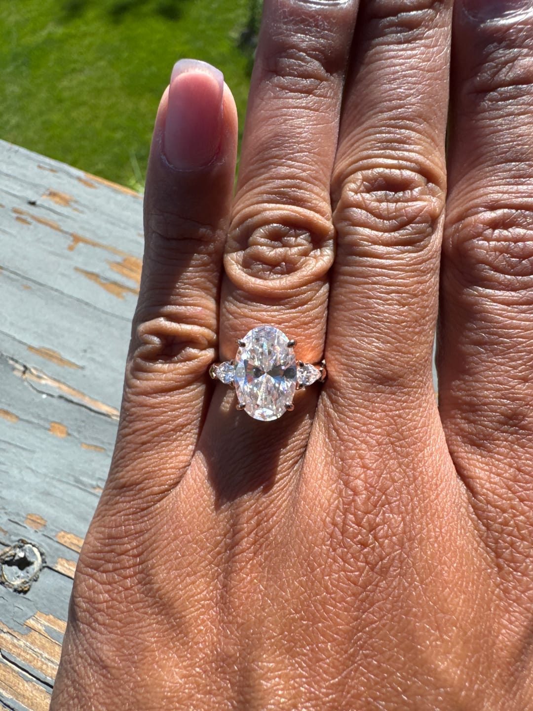 Customer photo review of The Opaline - Three Stone Moissanite Ring