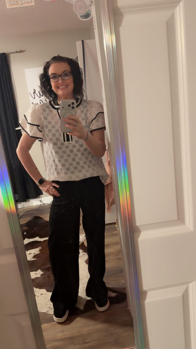Customer photo review of Sheer White Checkered Texture Top With Ruffle Sleeves